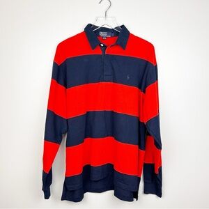Vintage Polo Ralph Lauren Rugby Long Sleeve Shirt Stripe Red Navy Blue Sz Large